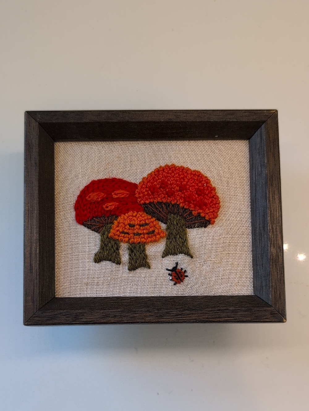 VTG Style Mushroom Crewel Framed Embroidery Art 6x5